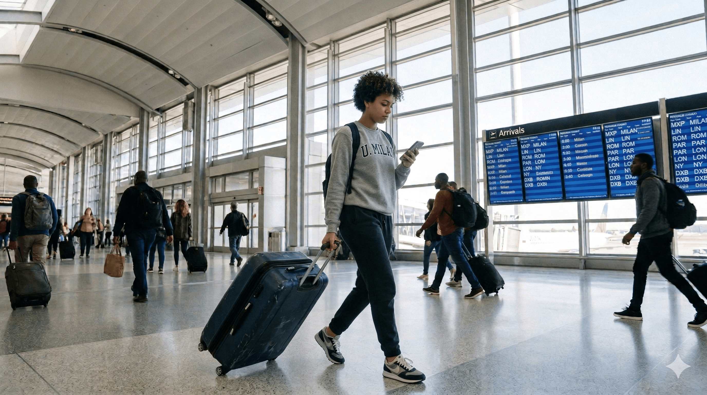 International student arriving at a U.S. airport terminal