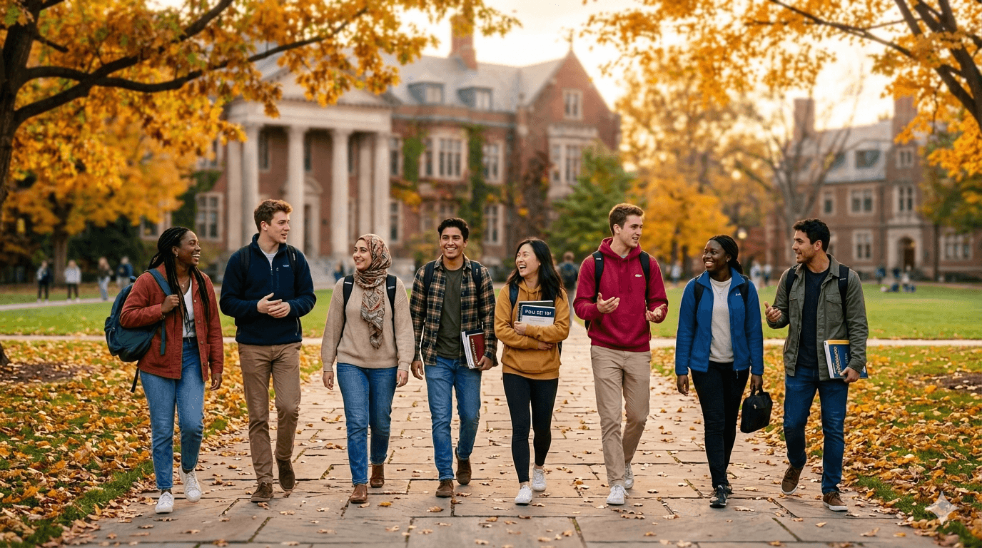 International students walking on a U.S. university campus