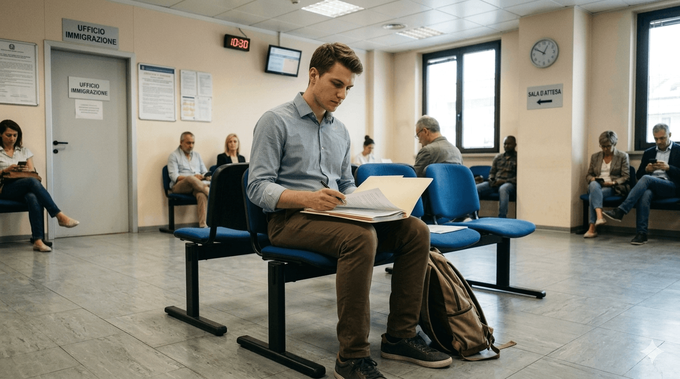 Student reviewing documents before a visa interview